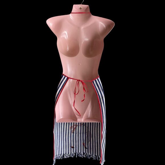 Full Bib Apron Set with Dish Towel Blue Stripes Crepes Suzette! Hand Embroidered - Picture 2 of 5